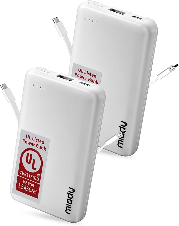 Miady 2-Pack UL Listed Small Portable Charger, 5000mAh Slim Power Bank Built-in 2 Cables Compatible with iPhone 17/16/15/14/13 Galaxy S24/S22 etc (2 White) by Miady