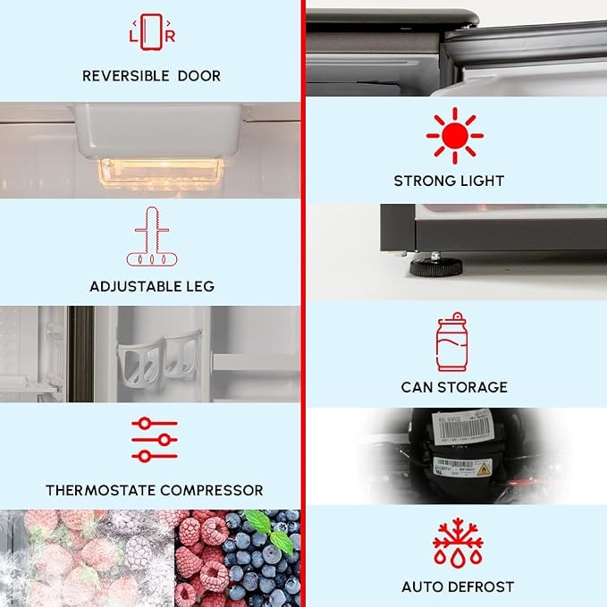 E-Star 3.3 Cu Ft Mini Fridge without Freezer - AUTO DEFROST, Reversible Single Door, Glass Shelf Refrigerator - A Space-Saving Marvel for Your Bedroom, Dorm, and Office - Image 3