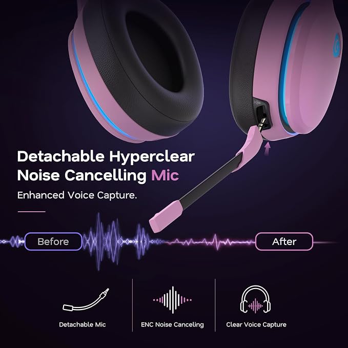 AOC 2.4GHz Wireless Gaming Headset for PS5, PS4, Switch, 45Hr, Blush Pink | Bluetooth 6.0 Gaming Headphones with Noise Canceling Mic, 7.1 Virtual Surround, Great for Fortnite & Call of Duty/FPS Gamers - Image 5