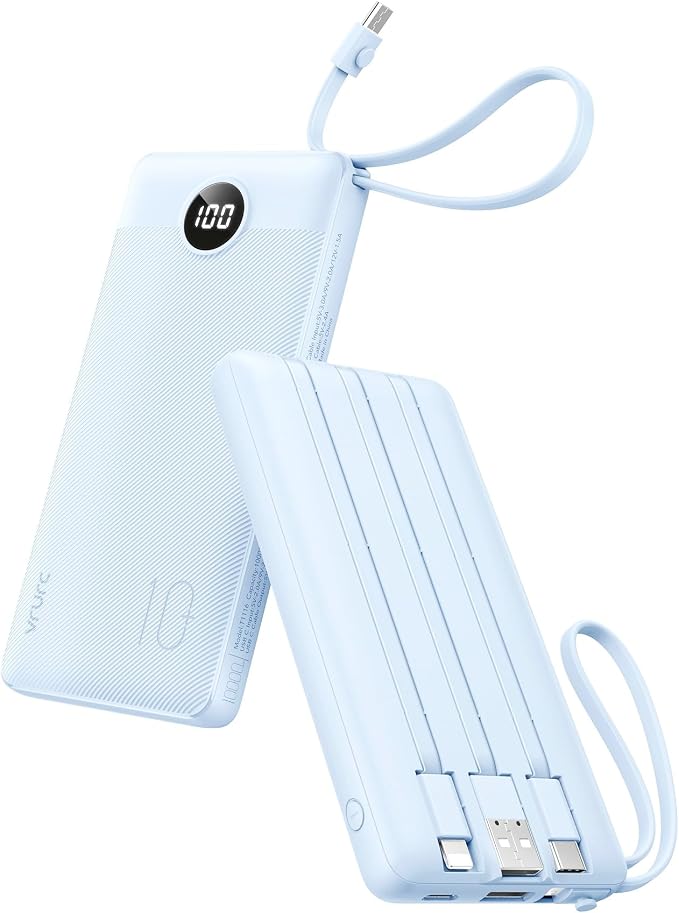 VRURC 10000mAh Power Bank Built-in Cables, Portable Charger with LED Display, Slim Travel Battery Pack with Cords, 5 Output Dual Input Phone Charger for Cell Phone Smart Devcies-Blue(1 Pack) by Home