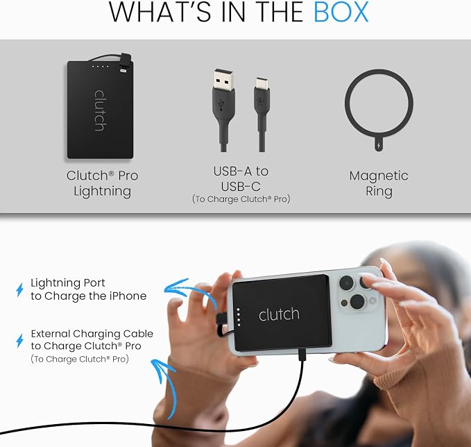 Clutch Pro – World's Thinnest iPhone Charger – Portable Power Bank 5000mAh – Magnetic Built-in Lightning Cable – TSA Approved Travel Charger – iPhone 14 & Earlier – Black - Image 5