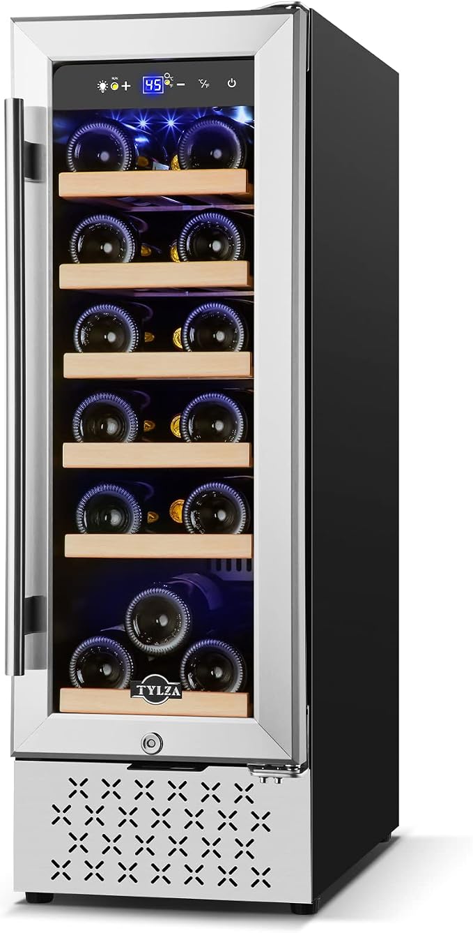 12" Wine Cooler Refrigerator, 18 Bottles Wine Fridge Built-in or Freestanding with Stainless Steel & Double-Layer Tempered Glass Door, Compressor Fast Cooling, Low Noise and No Fog, Mini Fridge by TYLZA