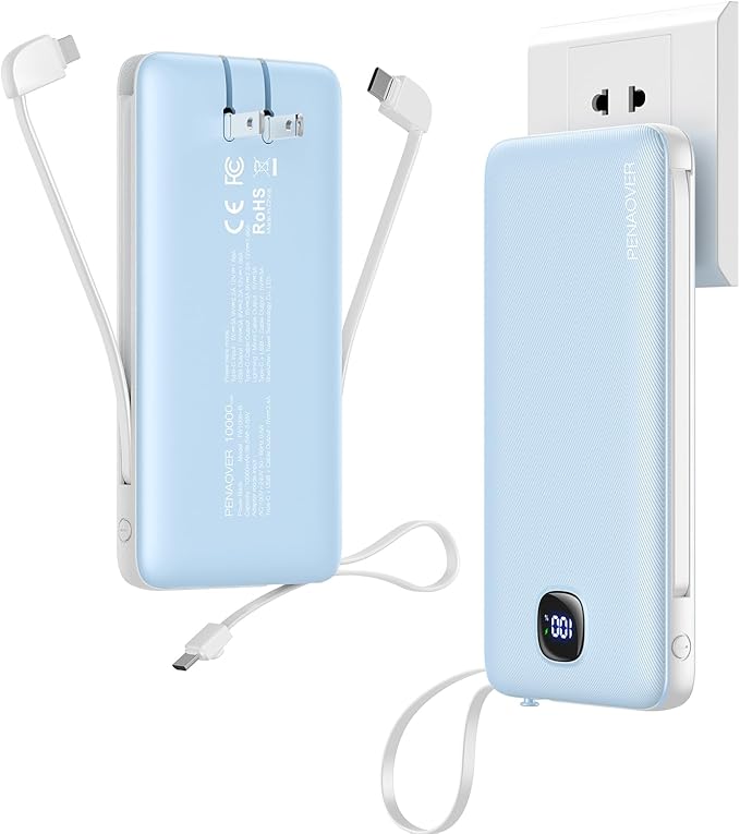 penaover Portable Charger with Built-in Cables&AC Wall Plug,Slim 10000mAh 22.5W Fast Charging Power Bank,5 Output 2 Input USB-C External Battery Pack Compatible with iPhones,Samsung,Android, etc by penaover