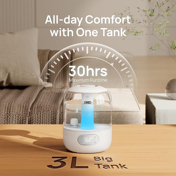 DREO Humidifiers for Bedroom, Cool Mist Ultrasonic Humidifier with 26dB Quiet & RGB Lighting, Top Fill 3L Tank, Easy Clean, 30 Hr Runtime for Home, Baby, Plant, Nursery, Work with Google/Alexa - Image 7