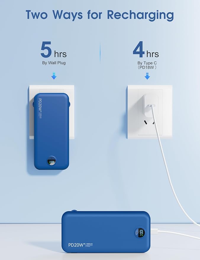 citicr Portable Charger Power Bank, 10000mAh PD20W USB C Fast Charging with Built-in Cables & Wall Plug, 5-in-1 External Battery Pack with LED Display, Perfect Backup for iPhone, iPad, Samsung Navy - Image 8