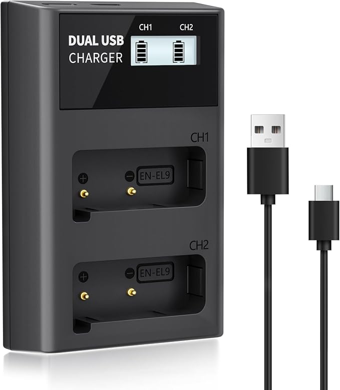 LP EN-EL9 EN EL9a Battery Charger, LCD Display & USB-C Dual Slot Charger by LP