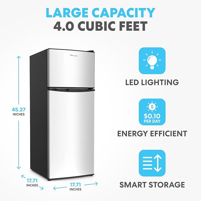 Simpli-Magic 4.0 Cu.Ft. Mini Fridge with Freezer – Compact Double Door Refrigerator for Dorm, Office, Bedroom – Adjustable Thermostat, Energy Efficient, Stainless Steel - Image 2