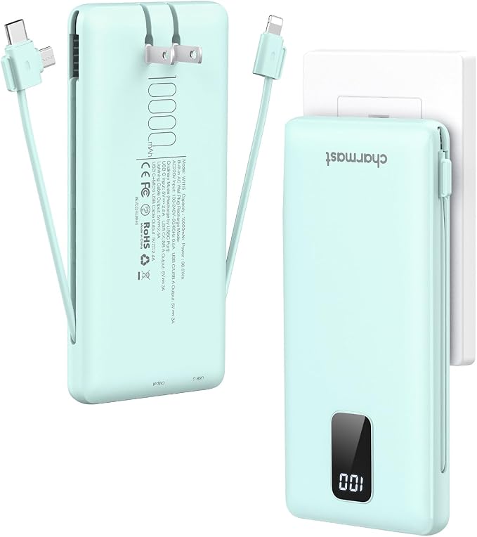 charmast Portable Charger with Built-in Cables and Plug, 10000mAh USB C Power Bank Fast Charging, External Battery Pack Slim, Travel Essentials Compatible with iPhones, Samsung Galaxy, iPad by Charmast