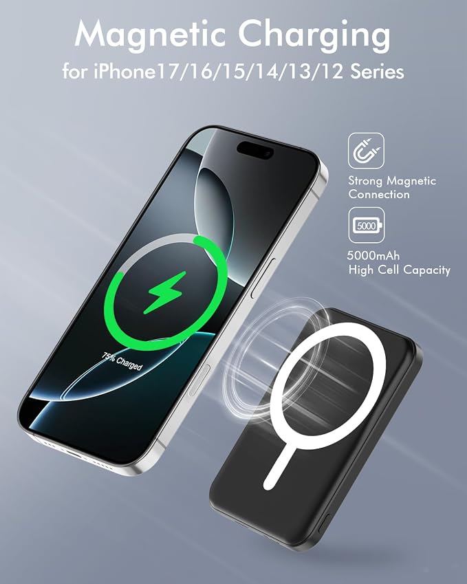 podoru for Magsafe Battery Pack, 5000mAh Magnetic Power Bank with Type-C Cable 20W PD Fast Charging Lighting Input Wireless Portable Charger for iPhone 17/16/15/14/13/12/ All Series-Black - Image 3
