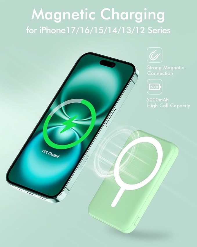 podoru for Magsafe Battery Pack, 5000mAh Magnetic Power Bank with Type-C Cable 20W PD Fast Charging Lighting Input Wireless Portable Charger for iPhone 17/16/15/14/13/12/ All Series-Green - Image 3