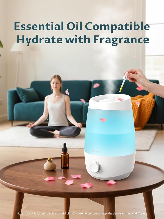 BREEZOME 2.5L Top Fill Humidifiers for Bedroom, 250ml/h Mist Output, 25hrs Humidifiers for Home, 7 Adjustable LED, Essential Oil Diffuser, 25dB Ultrasonic Humidifier for Baby and Indoor Plants, White - Image 6