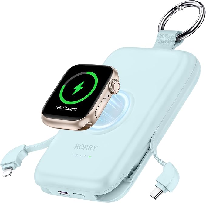 RORRY Portable Charger, 10000mAh PD 20W Fast Charging Portable Charger Power Bank with Built in Cables, Travel Battery Pack for iPhone and Apple Watch Ultra/11/10/9/8/7/6/5, Sky Blue by RORRY