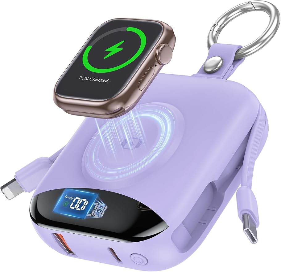 Portable Charger, 10000mAh 22.5W Fast Charging Power Bank with Built-in Cables, Travel Essentials Battery Pack with LED Display for iPhone, Portable iWatch Charger for 11/10/9/8/7/6/5/SE/Ultra Purple by CITICR