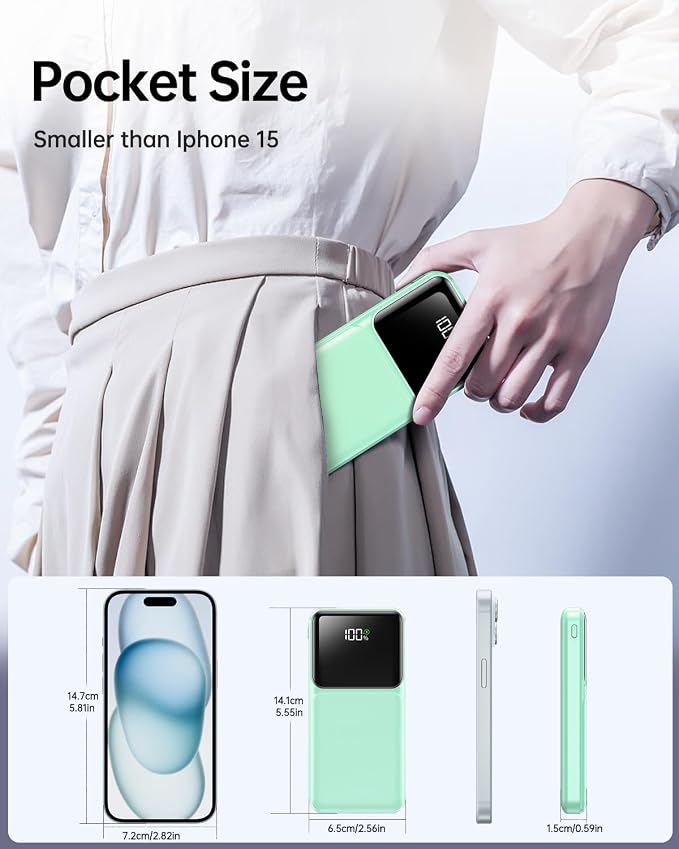 RONEGN Portable Charger with Built in Cable - Power Bank Fast Charging USB C LED Display 10000mah Battery Pack 5 Outputs & 3 Inputs for Travel Essentials iPhone Samsung Android Phones Tablets Cyan - Image 5