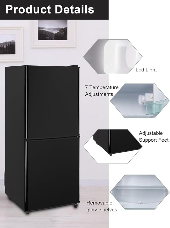 Refrigerator with Freezer 4.0 Cu.Ft Bottom Freezer 2 Door Fridge Black | 7 Level Adjustable Thermostat Control, Lock Fresh, for Apartment Bedroom Dorm and Office,Low noise - Image 4