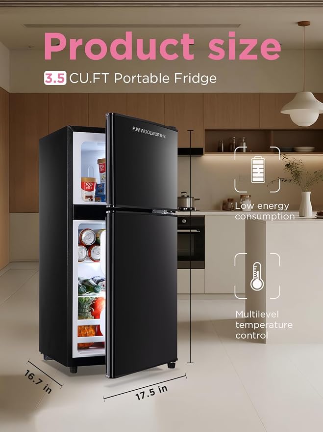 F.W.WOOLWORTHS 3.5 Cu.Ft Refrigerator with Freezer | Compact Fridge with 2 Doors for Office, Kitchen, Dorm and Bedroom, 7 Level Temp Adjustable Thermostat, Black - Image 2