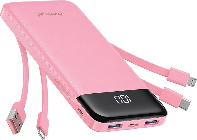 charmast Portable Charger with Built in Cables, Power Bank with Cords Wires, Slim 10000mAh Travel Battery Pack 6 Outputs 3 Inputs 3A Fast Charging for Samsung Google Pixel LG Moto iPhone iPad by Charmast