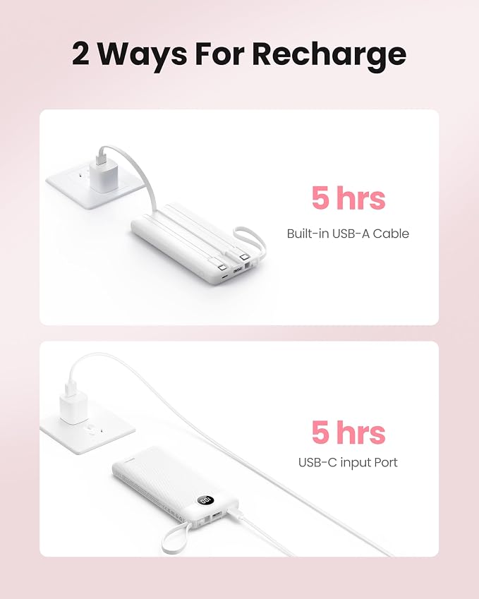 Portable Power Bank, 10000mAh Slim Portable Charger with Built-in Cables, External Battery Pack 5 Outputs 2 Inputs LED Display Compatible with iPhone/Android & More (White) - Image 6