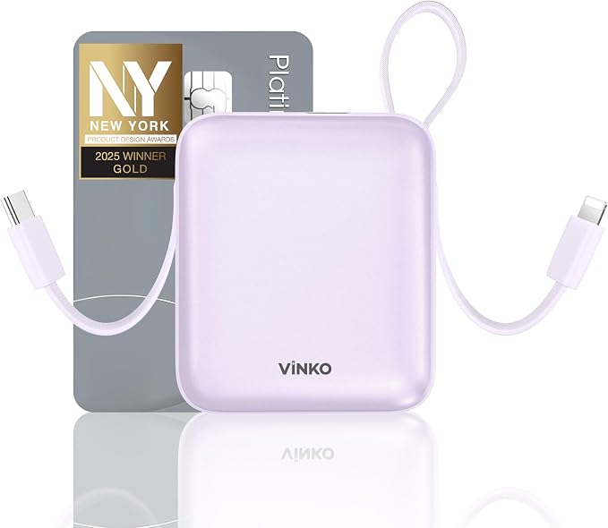 VINKO Portable Charger Power Bank with Built-in Cables, 22.5W Fast Charging 10000mAh Phone Charger, Small Travel Battery Pack with Smart LED Display for iPhone, Android & USB-C Devices(Purple) by VINKOPocketPowerBank