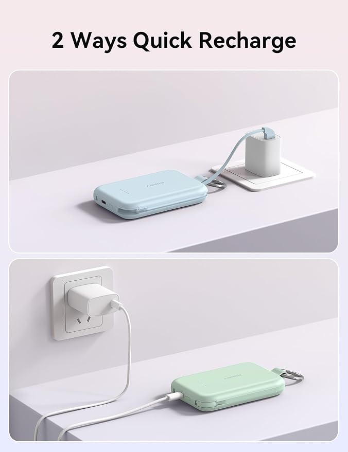 RORRY Portable Charger, 10000mAh PD 30W Fast Charging Portable Charger Power Bank with Built-in Cables, Travel Keychain Charger Battery Pack for iPhone 17/16/15/14/13/12, for AirPods 2/3/4/Pro, Blue - Image 8
