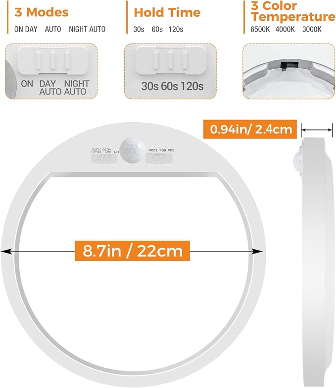 slochi Motion Sensor Light Indoor Wired, 8.7 Inch 3000K/4000K/6500K Closet - Image 5