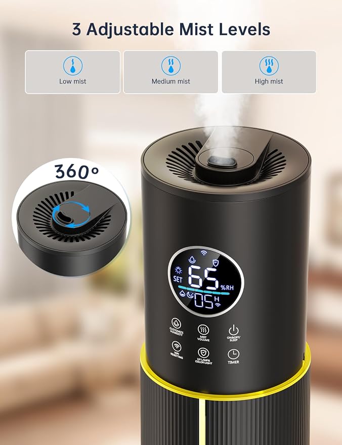 10L/2.64 Gal Humidifier for Large Room 600ft² 60H Runtime 24H Timer Auto Mode APP & Remote Control Top Fill Diffuser Aromatherapy 7 Color Lights Cool Mist Humidifier for Bedroom Home Office Plant - Image 5