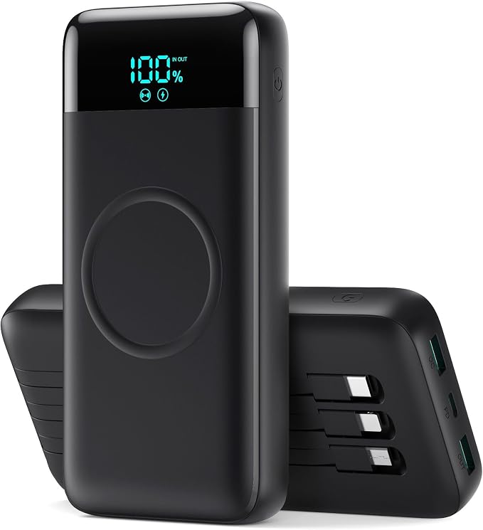 Wireless Portable Charger 40800mAh with 3 Built-in Cables,7-in-1 15W Wireless Charging Power Bank,25W PD QC 4.0 Fast Charging USB C Travel Essentials Battery Pack for iPhone 17/16/15/14,Galaxy,Android by YHO