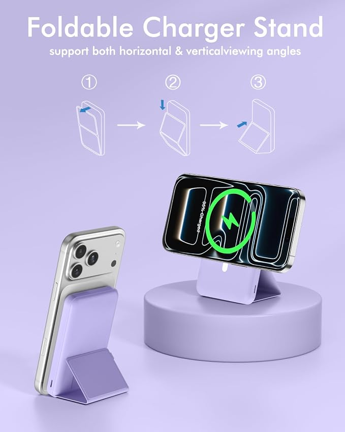 podoru for Magsafe Battery Pack, Foldable 10000mAh Magnetic Power Bank with USB-C Cable LED Display 22.5W PD Fast Charging Wireless Portable Charger for iPhone 17/16/15/14/13/12 Series-Light Purple - Image 4