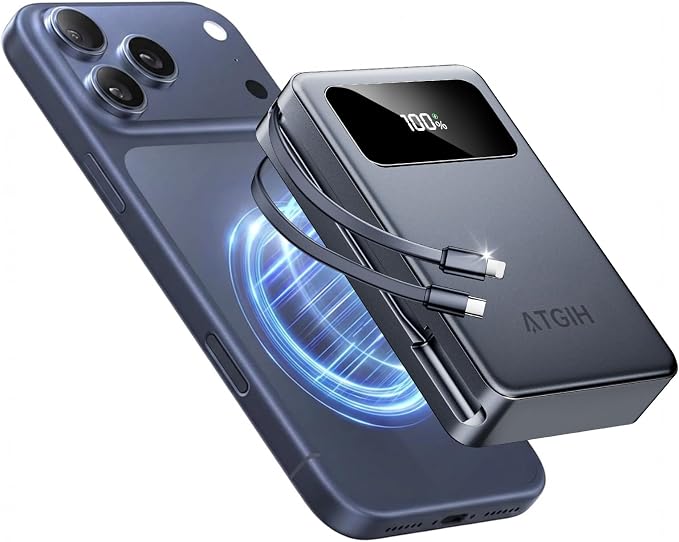 20000mAh Magsafe Wireless Power Bank, 5-in-1 Portable Charger with 2 Built in Cables, 20W PD Fast Charging for Magnetic Battery Pack Phone Charger, for iPhone 17 16 15 14 13, 12，All Series by ATGIH