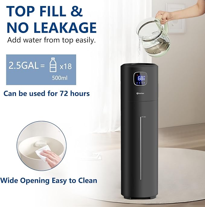 Large Humidifiers for Bedroom, 9L/2.5Gal Ultrasonic Cool Mist, Top Fill Easy Clean with 350ML/H Mist Speed, Quiet, Suitable for Kids Room Plant Yoga Office Study Room Living (Black, Round) - Image 3