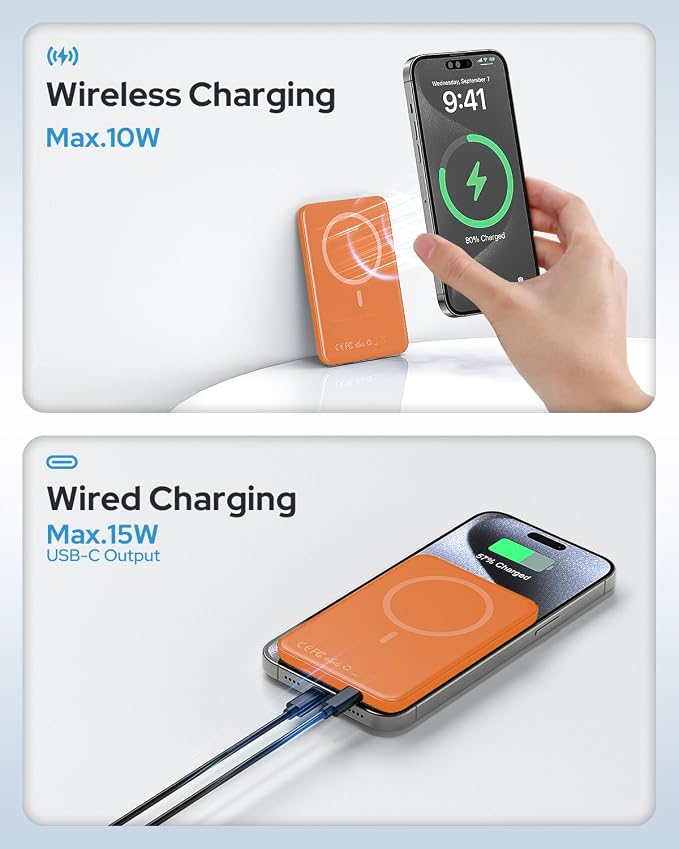 TRKOY for Magsafe Portable Charger,5000mAh Wireless Magnetic Power Bank with USB C Charging,Travel Essential for Magsafe Battery Pack Compatible with iPhone 17/16/15/14/13/12,Cosmic Orange - Image 5