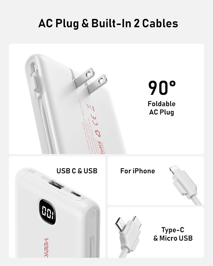 Portable Charger Power Bank Built in Cables and Wall Plug, 10000mAh iPhone Battery Pack Fast Charging, USB C External Slim Power Bank, Travel Essentials Compatible with iPhone 17 16 15 14 iPad, White - Image 2