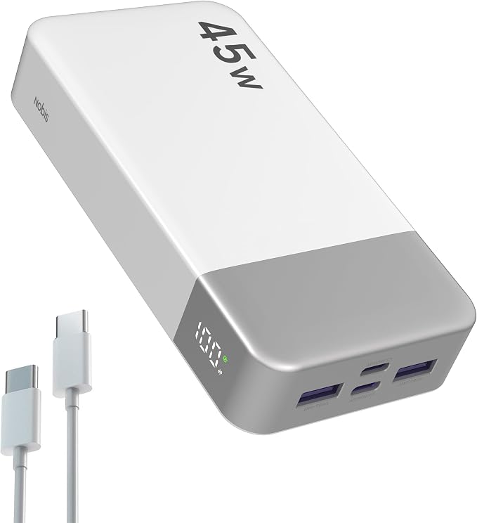 NOBIS Portable Charger, 20000mAh Power Bank, 45W Power Bank Fast Charging, Battery Pack with C to C Cable, Battery Bank with Digital Display for iPhone Android Laptop etc (White) by NobisPowerbank