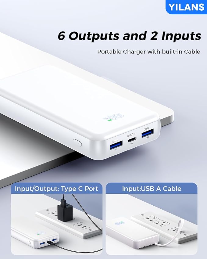 Portable Charger,50000mAh Power Bank Built-in Cable, 22.5W PD USB C In & Out Fast Charging, External Battery Pack with 6 Output & 2 Input, Travel Phone Charger for iPhone 17/16/15/14/13/12(White) - Image 6