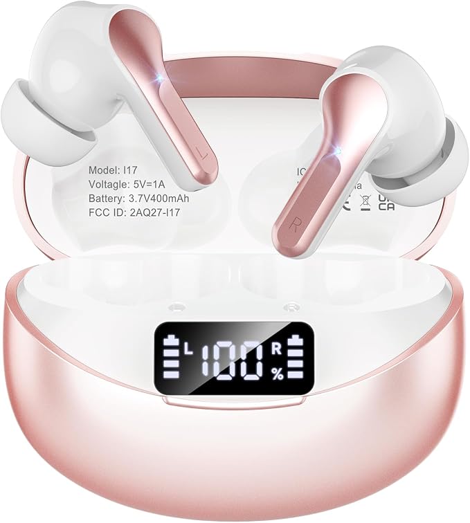 Wireless Earbuds, Bluetooth 5.4 Headphones HiFi Stereo 50H Playback LED Digital Display Ear Buds with ENC Noise Canceling Headset, IPX7 Waterproof Earphones for Gym/Running/Work(Rose Gold) by Unknown