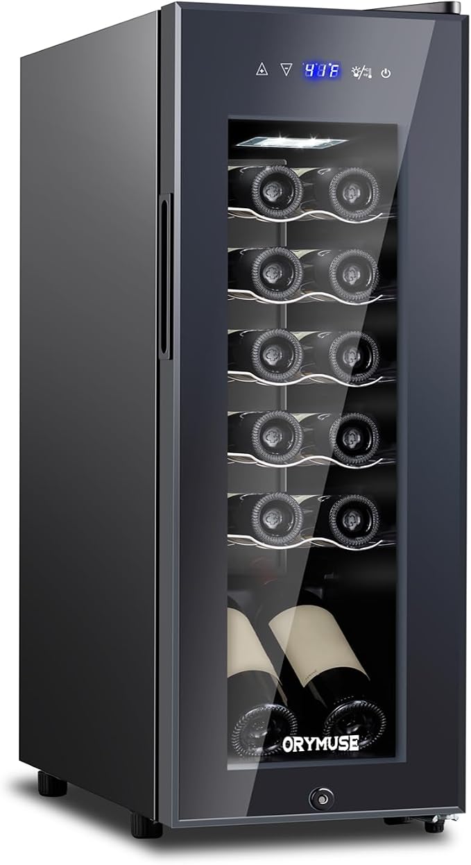12 Bottle Mini Wine Fridge with Lock, Freestanding Compressor Wine Cooler Refrigerator, 10.7 Inch Wide Compact Wine Chiller with Glass Door, 41°F-64°F Digital Temperature Control, Black by ORYMUSE