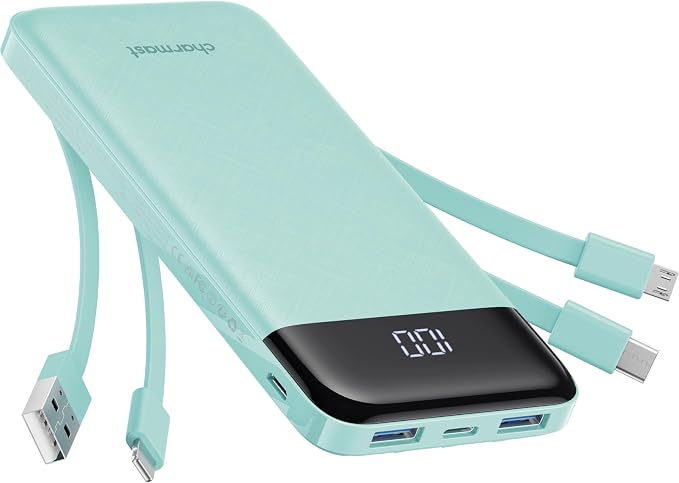 charmast Portable Charger with Built in Cables, Power Bank with Cords Wires, Slim 10000mAh Travel Battery Pack 6 Outputs 3 Inputs 5A Fast Charging for Samsung Google Pixel LG Moto iPhone iPad by Charmast