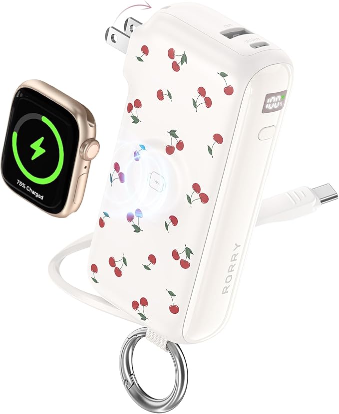 RORRY Flow Portable Charger, 10000mAh 40W Fast Charging Power Bank with Built-in USB C Cable and Foldable Wall Plug, Battery Pack Travel Essentials for iPhone 17/16/15, Apple Watch, iPad, MacBook by RORRY