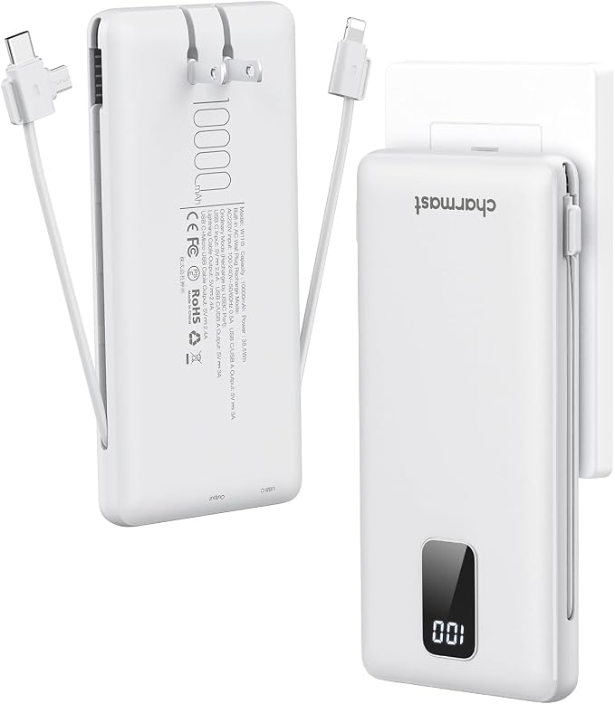 charmast Portable Charger with Built-in Cables and Plug, 10000mAh USB C Power Bank Fast Charging, External Battery Pack Slim, Travel Essentials Compatible with iPhones, Samsung Galaxy, iPad by Charmast