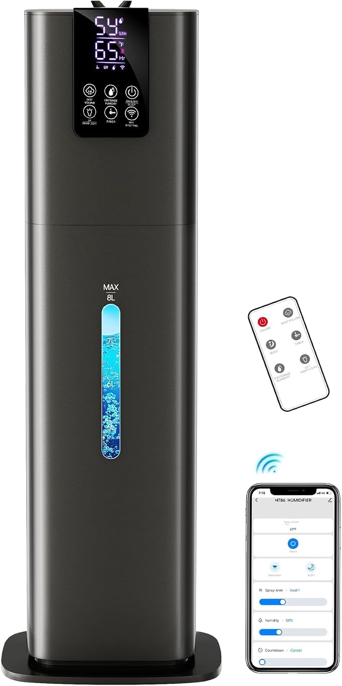 Smart Humidifiers Large Room Bedroom Home, 2.11Gal(8L) Quiet Top Fill Cool Mist Humidifier, Smart App & Remote Control, 3 Speed Humidifier with 360° Nozzle, Humidity Setting for Baby Office(Gray) by HumidifiersLargeRoomBedroom