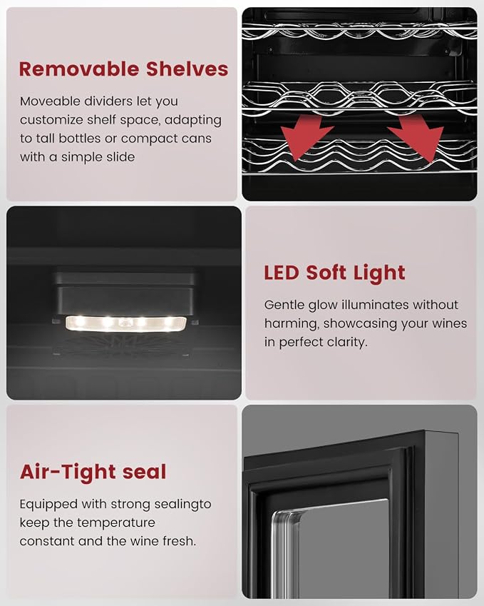 Feelfunn 45 Bottle Wine Cooler, 4.5CuFt Mini Fridge with Glass Door, Black | 34-64°F, <36dB, UV-protective glass door, stable temp, 4 adjustable shelves. For wine, beer, soda in Bedroom Office Home Bar - Image 5