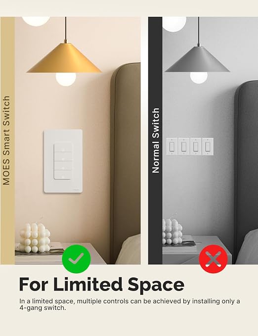 MOES Smart 4 Gang Light Switches, 2.4GHz WiFi Single Pole Switch, No Neutral - Image 6