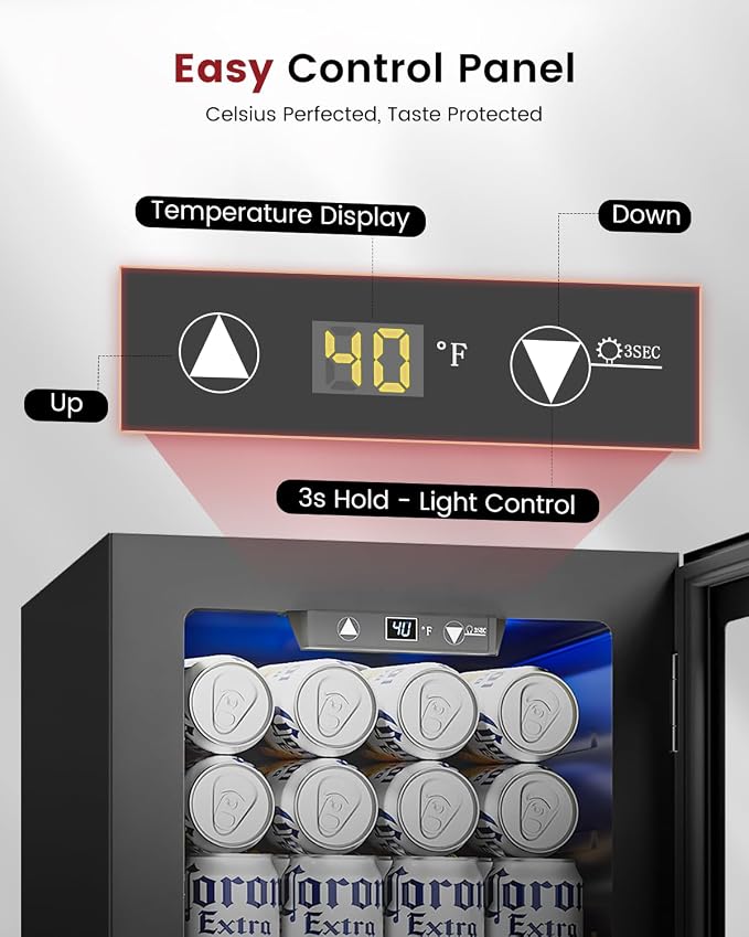 Feelfunn 24 Can Beverage Refrigerator, Mini Fridge, Black | 40-61°F temp control, whisper-quiet ≤38dB, holds 24 cans, removable shelf. Ideal for office, dorm, bedroom, home bar - Image 3