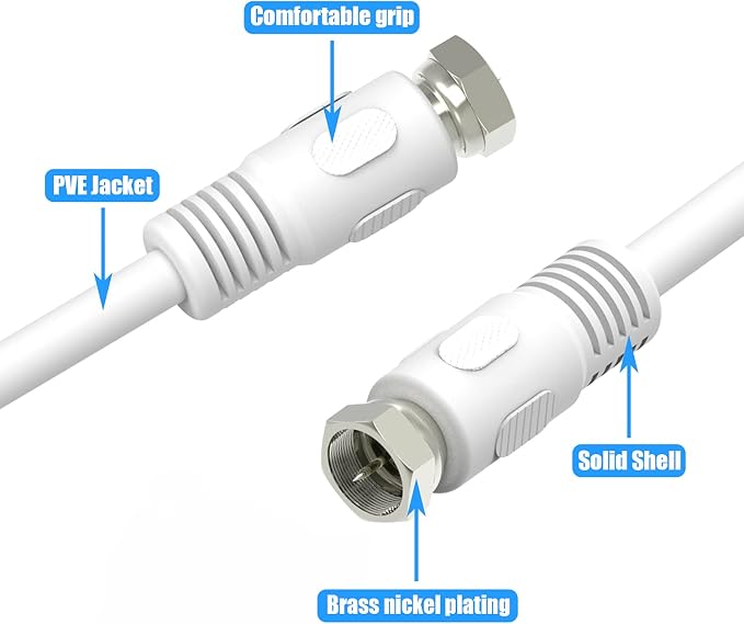 Coaxial Cable, 3ft White Coax Cable RG6 F Male to Male Connector Cord 75 Ohm - Image 3
