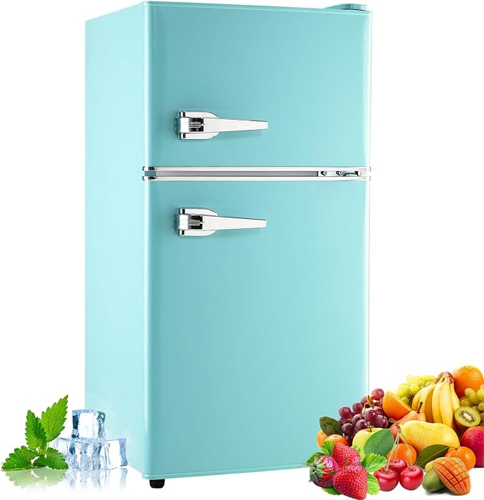 Mini Fridge with Freezer, 3.2 Cu.Ft Retro Double Door Refrigerator with 7 Level Thermostat, Adjustable Removable Glass Shelves for Bedroom Office Apartment Dorm Bar (RETRO BLUE, 3.2 Cu.Ft.) by Bodare