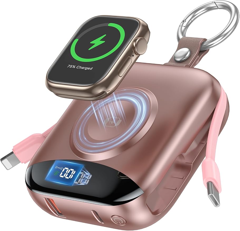 Portable Charger, 10000mAh 22.5W Fast Charging Power Bank with Built-in Cables, Travel Essentials Battery Pack with LED Display for iPhone, Portable iWatch Charger for 11/10/9/8/7/6/5/4/SE/Ultra Rose by CITICR