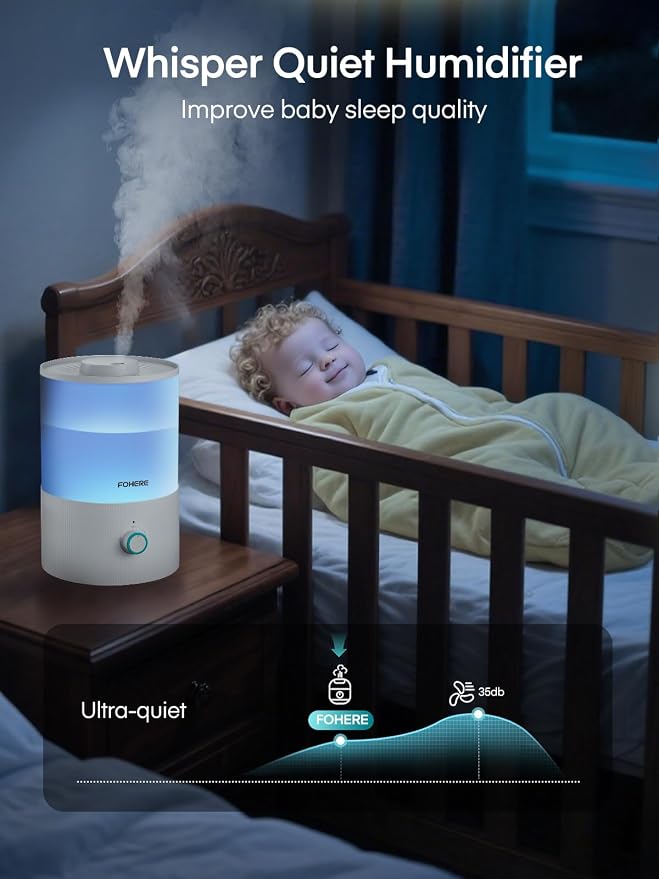 FOHERE Humidifier for Bedroom Baby, 3.2L Top Fill Cool Mist Humidifiers for Nursery, Home, 28H Ultra Quiet Runtime, Auto Shut-Off, Soft 7-Color Night Light, BPA-Free, Essential Oil Tray, White - Image 3