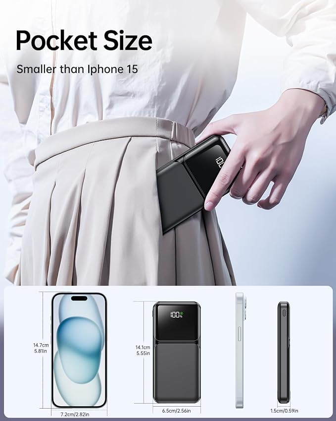 RONEGN Portable Charger with Built in Cable - Power Bank Fast Charging USB C LED Display 10000mah Battery Pack 5 Outputs & 3 Inputs for Travel Essentials iPhone Samsung Android Phones Tablets Black - Image 6