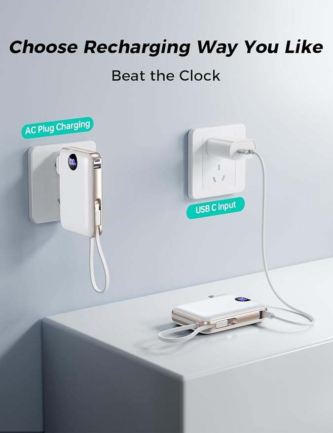Portable Charger with Built-in Cables & Wall Plug, 10000mAh Power Bank, 4 Outputs 22.5W USB C Fast Charging, Slim Travel Battery Pack with LED Display for iPhone 17/16/15/14, White - Image 4