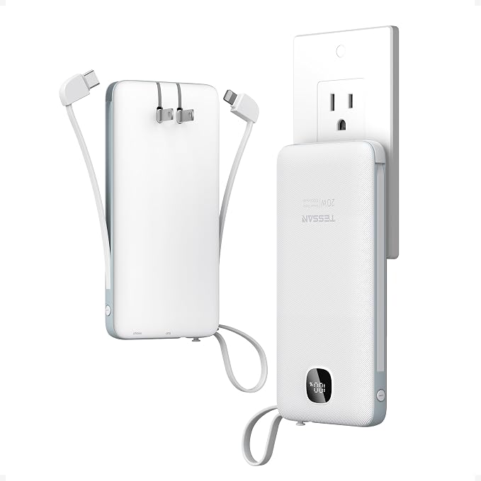 Portable Charger with Built in Cables,TESSAN 10000mAh Power Bank Fast Charging with Foldable Wall Plug Charger, PD20W Compact Battery Pack Travel Essentials for iPhone 17/16/15 Series,Samsung,Tablets by TESSAN